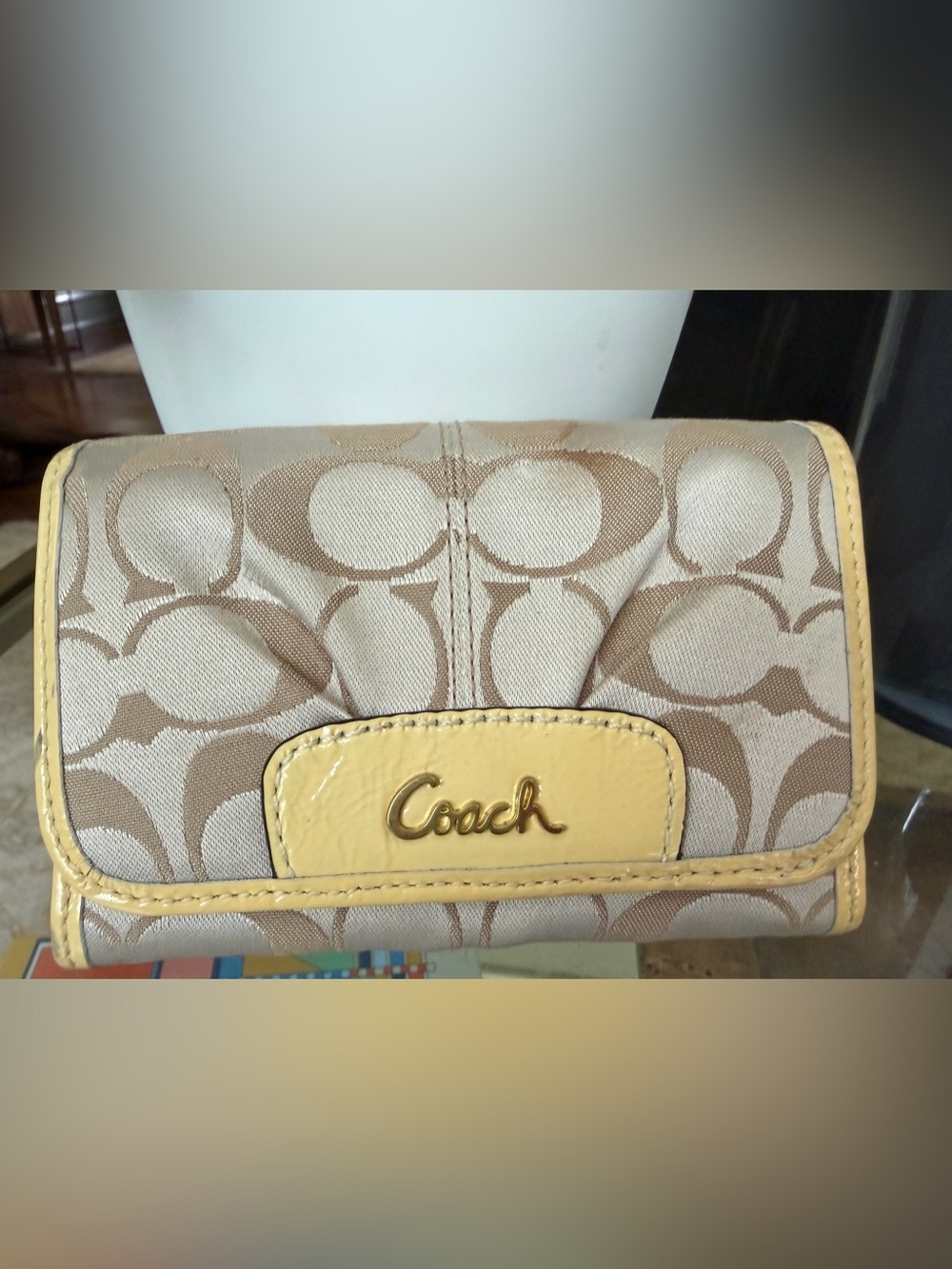 Coach Beige Signature Canvas wallet with Yellow patent Leather Trim